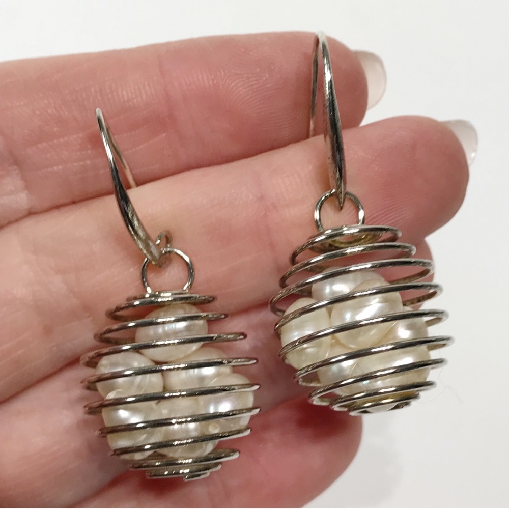 Vintage Sterling Silver 925 Wire Cage 6 Baroque Pearl Egg Basket Drop Earrings - Picture 7 of 16